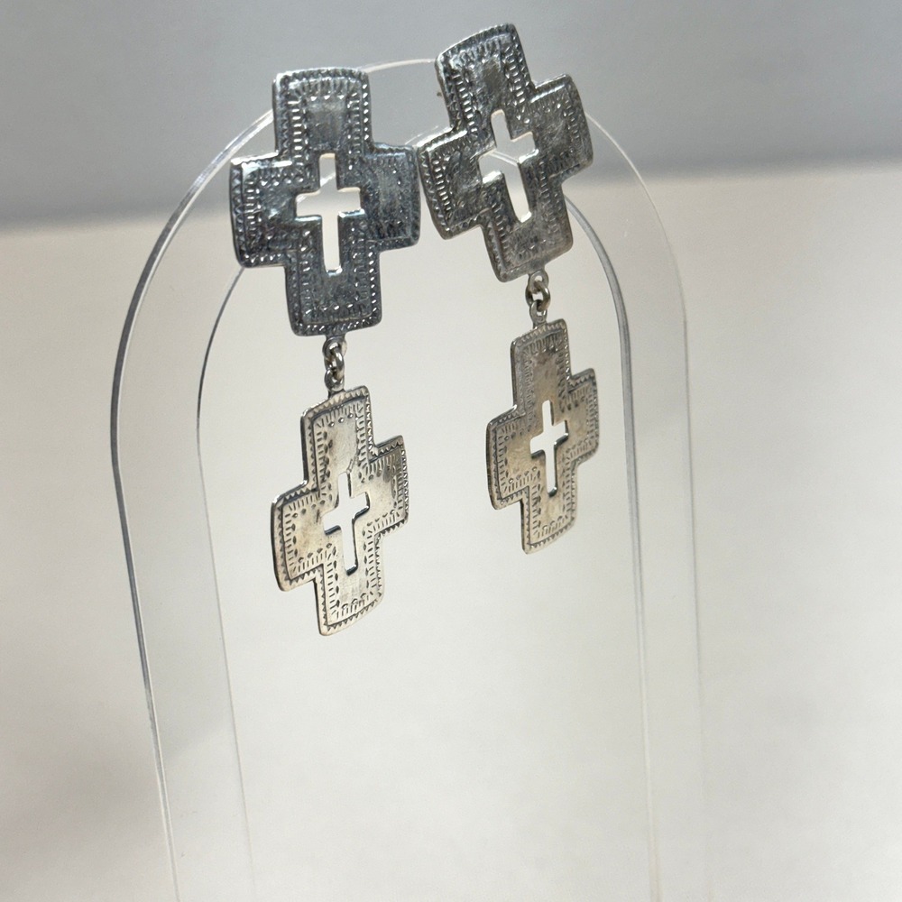 Sterling Silver 925 Thailand Double Cross Dangle Drop Earrings Stamped Etched - Picture 8 of 9